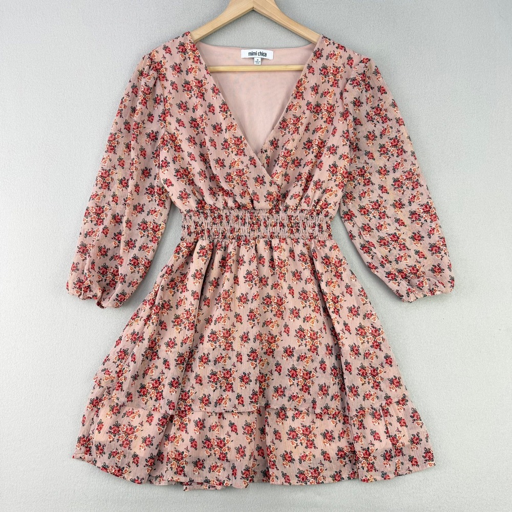 Mimi Chica Floral Mini Dress Womens M Pink Smocked Long Sleeve Cottage Coquette